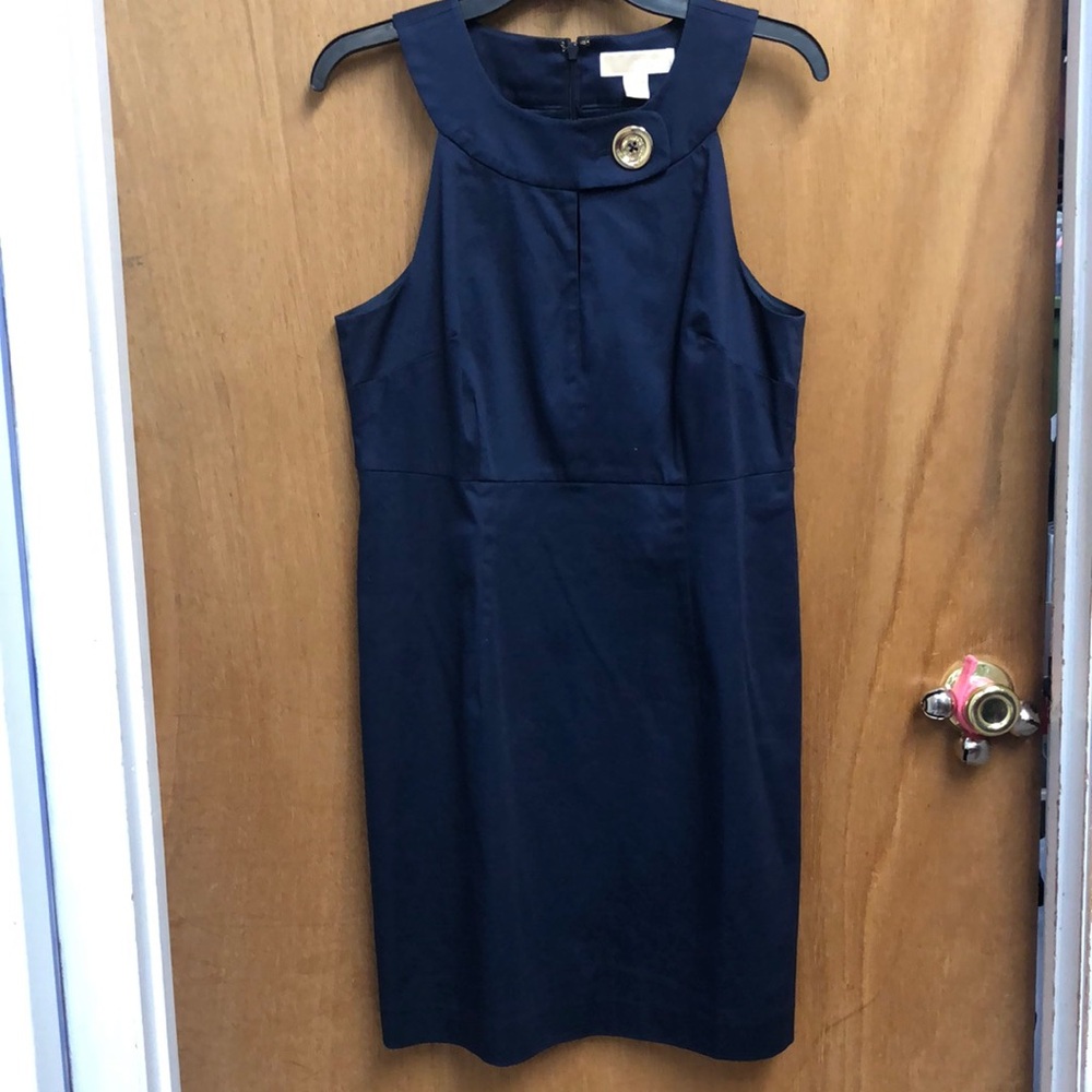 MICHAEL Michael Kors Blue Gold Embellished Halter Sheath Dress